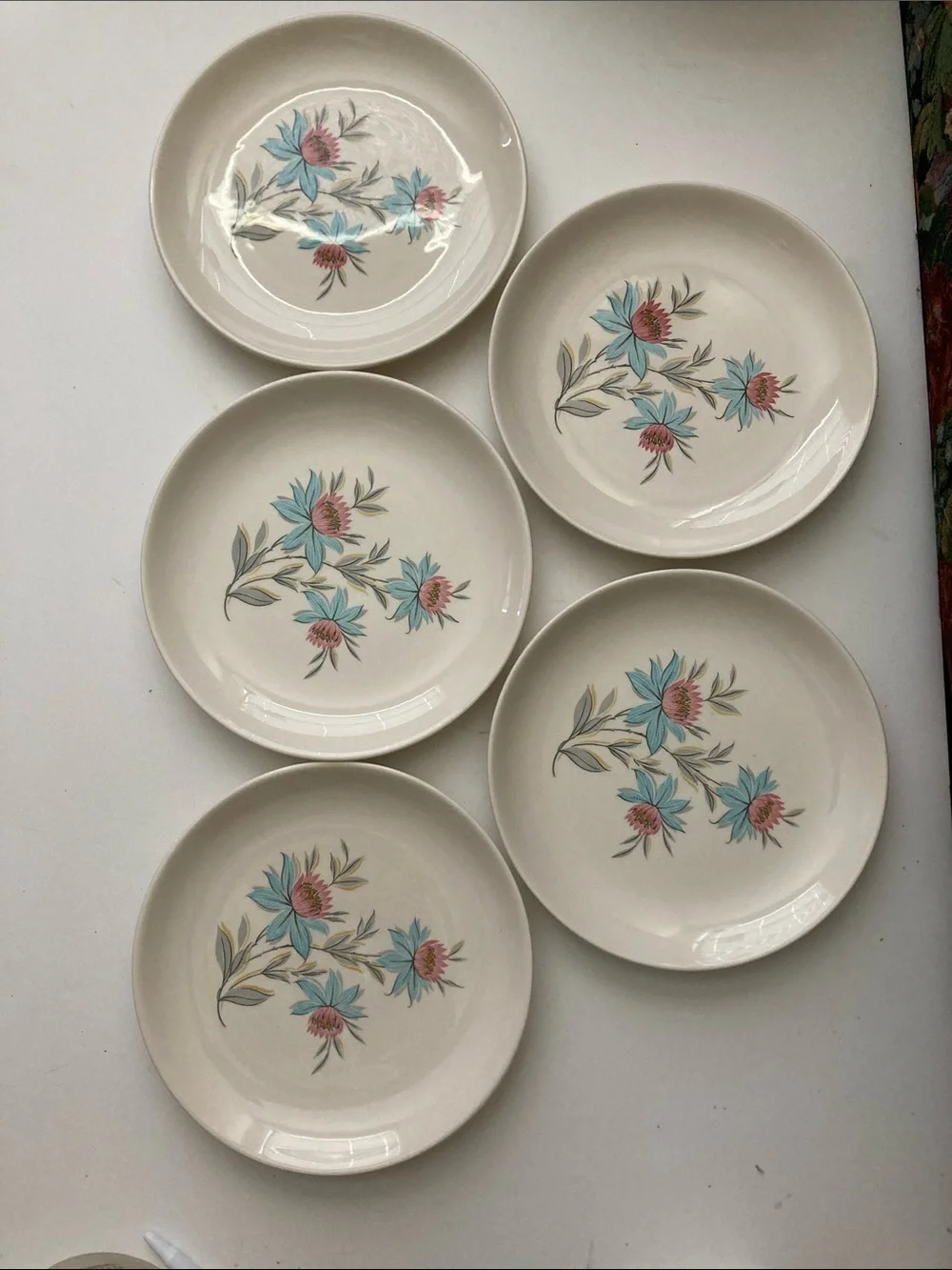 5 Vintage Steubenville Pottery Fairlane Pattern Round 7.25” Plate Floral Set Lot
